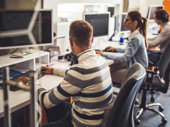 Group of programmers looking at computers