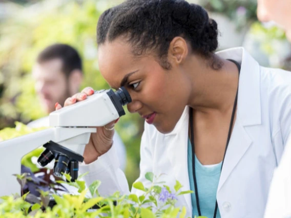 scientist looking through microscope