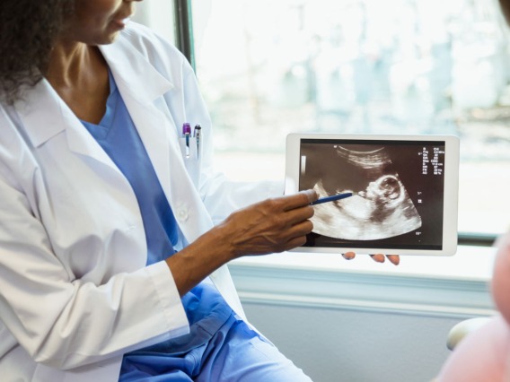 Nurse pointing to ultrasound on iPad