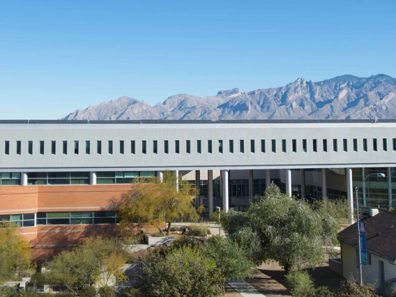 McClelland Hall / Eller Building with mountains in the background
