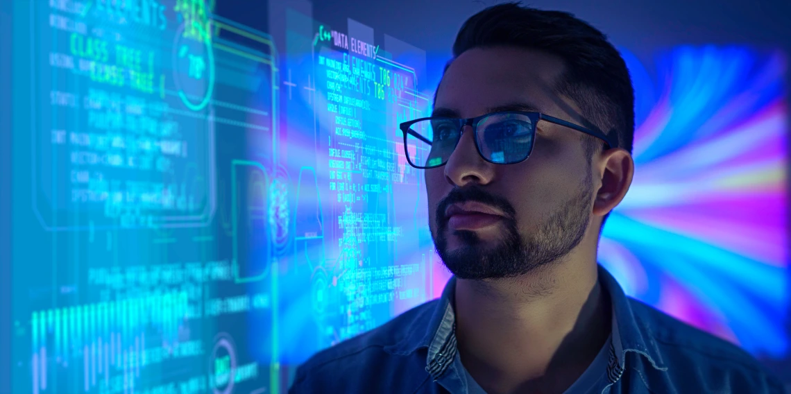 A focused data scientist wearing glasses looks at a glowing display of code and graphs, surrounded by vibrant blue and purple lights, conveying a high-tech and futuristic atmosphere.