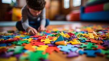 A child sits on the floor playing with a puzzle.