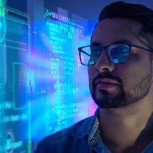 A focused data scientist wearing glasses looks at a glowing display of code and graphs, surrounded by vibrant blue and purple lights, conveying a high-tech and futuristic atmosphere.